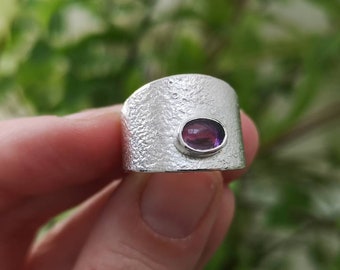 Amethyst silver ring, engagement wedding band natural stone pisces february birthstone, reticulated silver textured band, oxidized silver