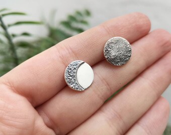 Crescent and full moon stud earrings oxidized silver, moon phases post earrings, reticulated oxidized silver Silver butterfly backs included