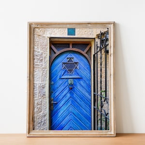 Jerusalem Wooden Blue Door with Jewish Magen David Window Photography Print