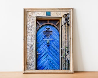 Jerusalem Wooden Blue Door with Jewish Magen David Window Photography Print