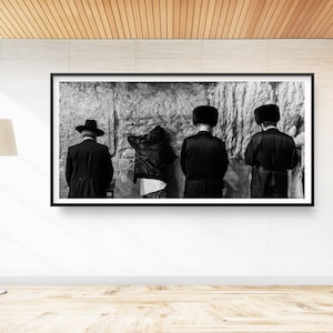 Black and White Panoramic Kotel Wall Art Photography - Four Jewish Prayers at the Western Wall, Jerusalem