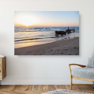 Holy Land Israeli Seascape with Wrecked Fishing Boat Wall Art Print - Beach and Waves At Sunset Home Decor