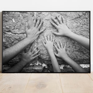 Black and White Jewish Kotel Wall Art - Father & children hands praying at the Western Wall