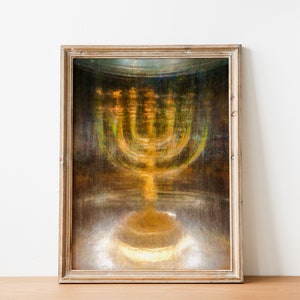 Jewish Gold Candelabrum Menorah By Night Impressionist Painting Print - Menorah of the Jewish Israeli Temple