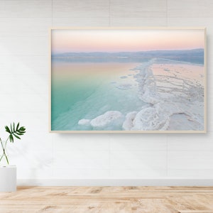 Turquoise Dead Sea Israeli Holy Land Sunset with White Salt Sea Minerals