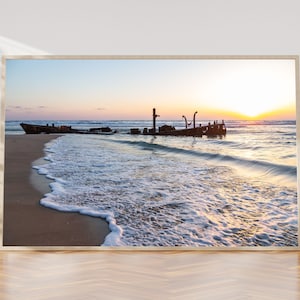 Holy Land Israeli Seascape with Wrecked Fishing Boat Print - Beach and Waves At Sunset