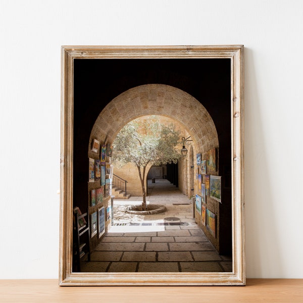 Jerusalem Old City Street Photography - Pedestrian Street with Olive Tree Arche and Paintings - Jewish Holyland Wall Fine Art