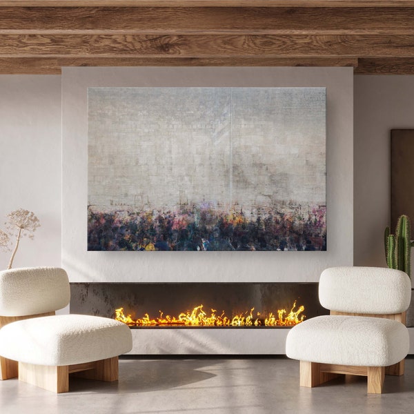 Jewish Kotel Wall Art Abstract Painting Print - Men Praying at the Western Wall (Kosel) with Blue & White Israeli Flag