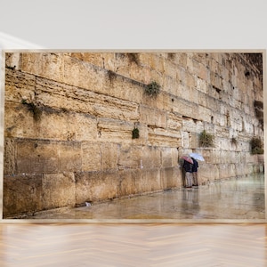 Two Prayers Alone with Umbrella at the Gold Kotel Wall Art by Night and during the Rain - Jerusalem Western Wall Print