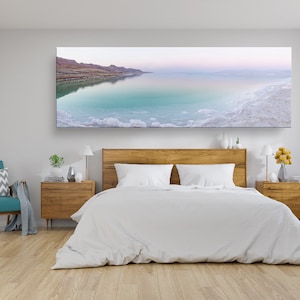 Panoramic Turquoise Dead Sea Israeli Sunset with White Salt Sea Minerals and Mountains