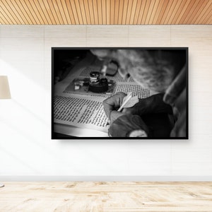 Scribe Writing Old Bible Torah on a Scroll (parchment) - Black & White Israeli Jewish Wall Art