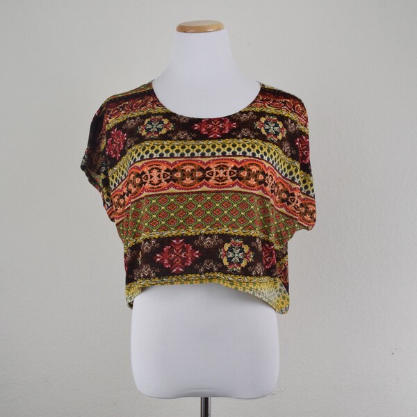 FREE usa SHIPPING vintage 1980s woman's cropped top/blouse/short sleeves oversized tribal bohemian ethnic size S-M