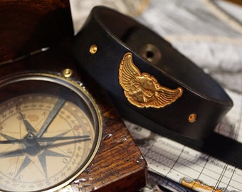 Leather Bracelet - Black and Gold Winged Time
