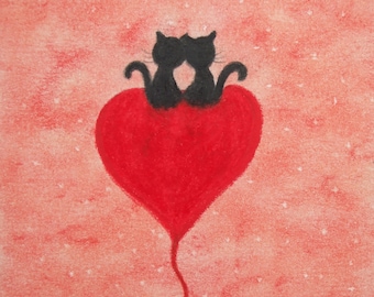 Cat Heart Print, Two Black Cats Love Art Gift, Wedding Anniversary, Engagement, Small Picture, Red Heart, Birthday Gift, Illustration