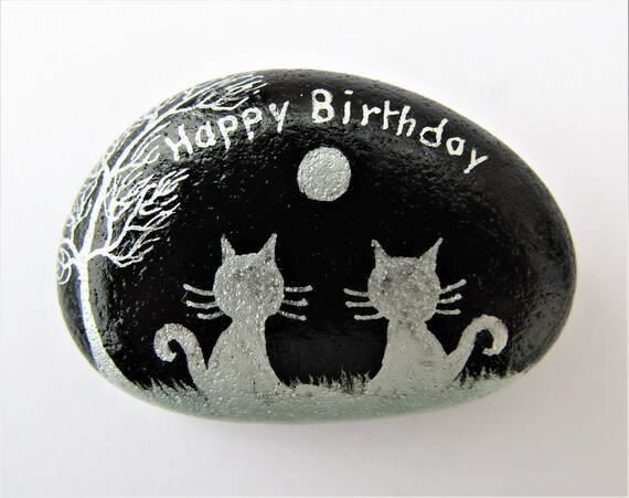 Cadeau De Chat Danniversaire Roche Peinte A La Main Aimant Etsy France