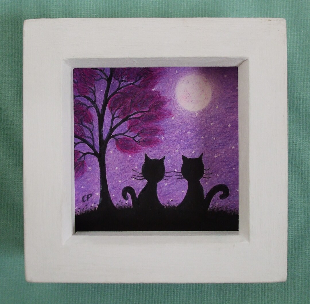 Cat Tree Picture, Framed Cats Moon Print, Black Cat Gift, Two Cats