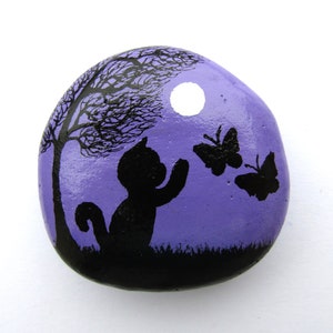 Painted Rock, Cat Butterfly, Mothers Day Gift, Daughter, Hand Painted Pebble, Kitten Tree Moon Art Painting, Small Gift, Birthday, Unique