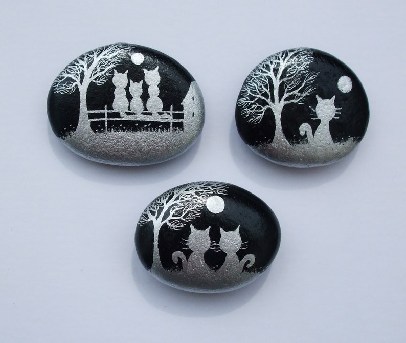 Painted Stone, Cat Magnet, Rock Painting, Cat Art, Hand Painted Pebble, Kitty Magnet, Miniature Art, Black Cat Painting, Rock Art Silhouette image 3