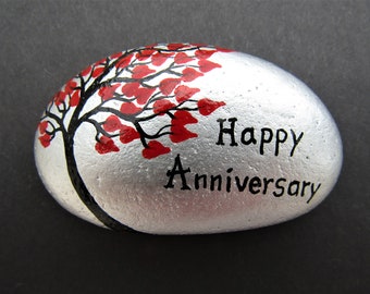 Anniversary Gift, Rock Art, Hearts Tree Happy Anniversary Painting on Stone, Hand Painted Pebble, Anniversary Art Gift, Red Hearts Tree