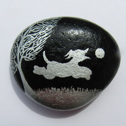 Dog Painting Stone Art Black Dog Gift Painted Rock Hand Etsy