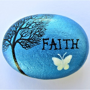 Painted Stone, Faith Painting, Pebble Art, Tree Butterfly, Hand Painted Rock, Small Faith Gift, Word Rocks, Meditation, Personalised Stone