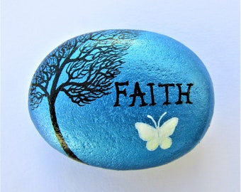 Painted Stone, Faith Painting, Pebble Art, Tree Butterfly, Hand Painted Rock, Small Faith Gift, Word Rocks, Meditation, Personalised Stone