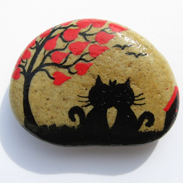 Painted Stone, Cat Love Gift, Pebble Art Magnet, Two Black Cats Hearts Tree, Hand Painted Small Rock, Anniversary Gift, Romantic Painting