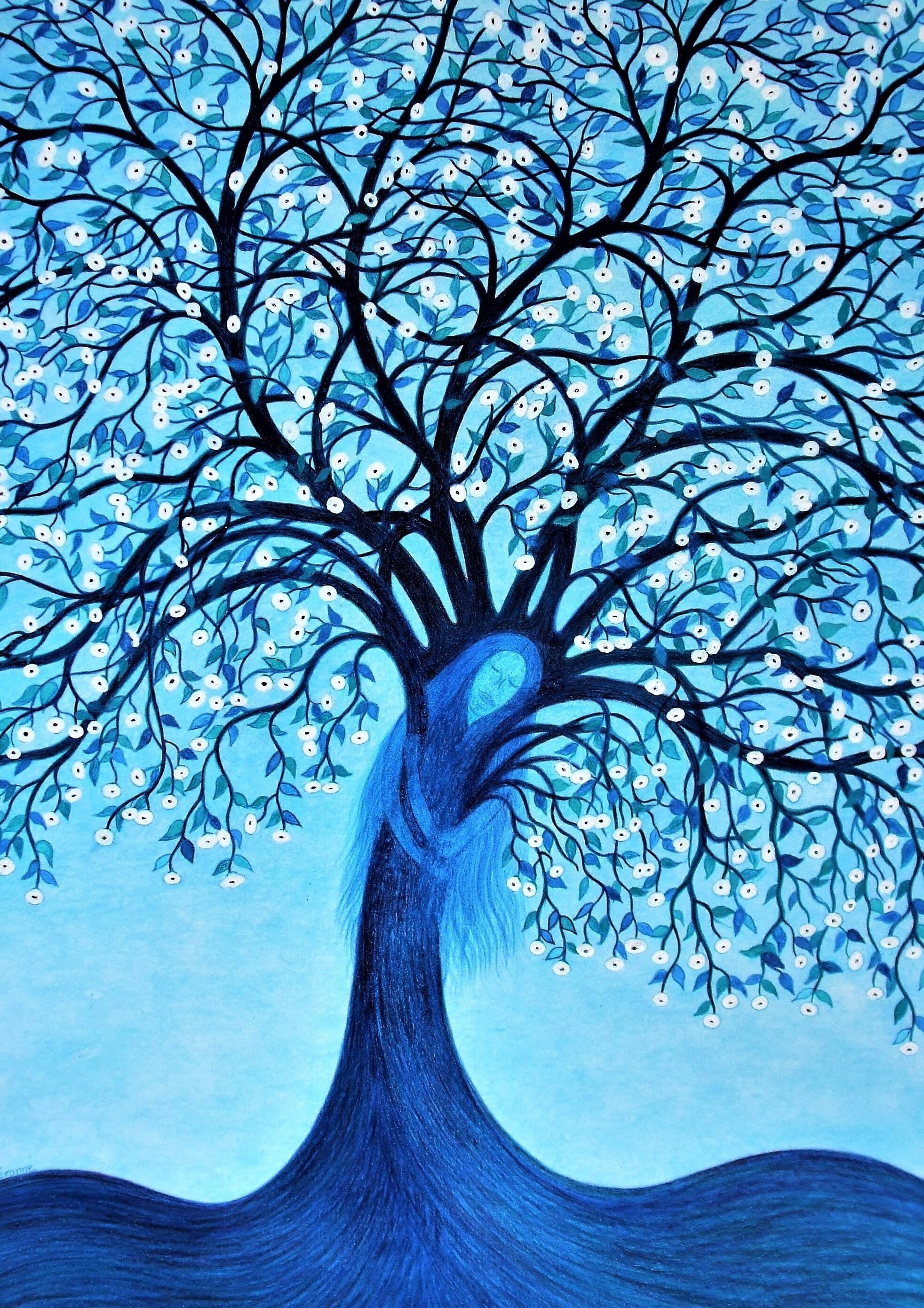 インド民俗絵画ミティーラ画「生命の樹」ガラス額装 インド民俗絵画ミティーラ画「生命の樹」ガラス額装 インド民俗