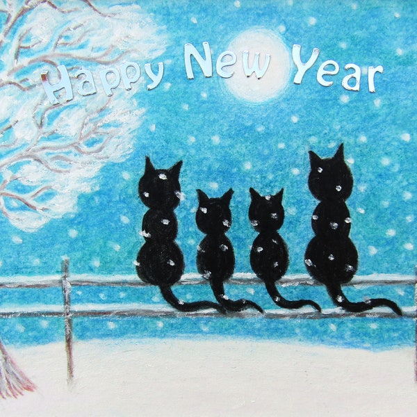 Carte du Nouvel An pour chat, impression d’art de neige lunaire, cadeau de Noël, quatre chats noirs, bonne année, carte d’animal de famille, chatons jumeaux d’arbre d’hiver