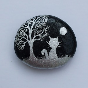 Painted Stone, Cat Magnet, Rock Painting, Cat Art, Hand Painted Pebble, Kitty Magnet, Miniature Art, Black Cat Painting, Rock Art Silhouette image 4