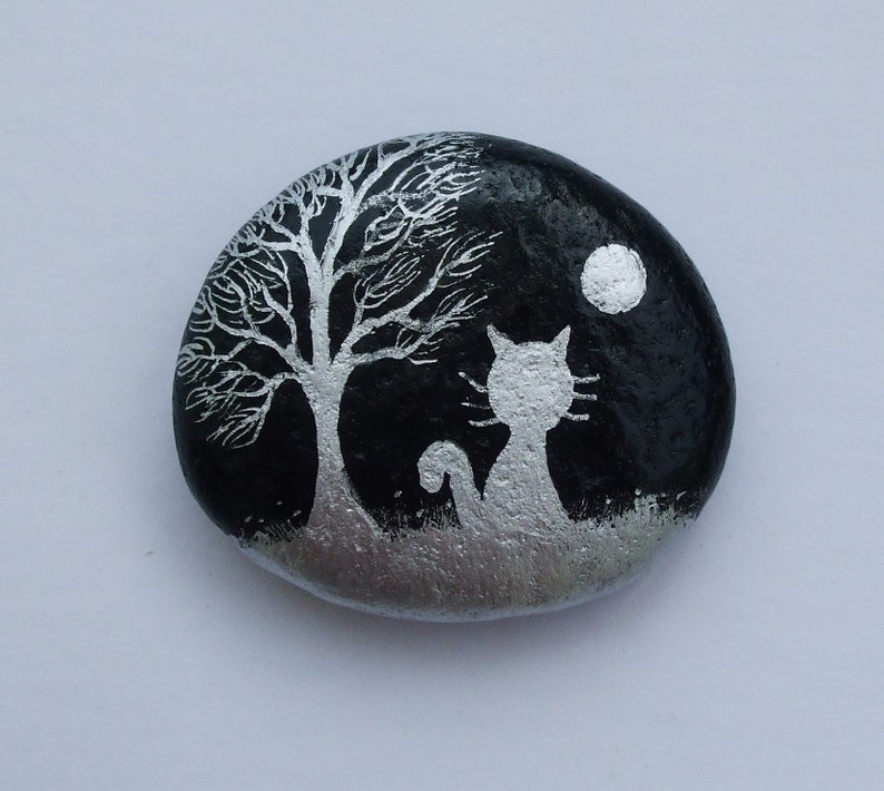 Painted Stone, Cat Magnet, Rock Painting, Cat Art, Hand Painted Pebble, Kitty Magnet, Miniature Art, Black Cat Painting, Rock Art Silhouette image 4