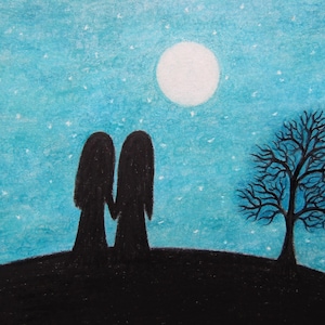 Impression de lune de soeurs, carte d'art, cadeau lesbien, silhouette d'arbre de deux amis, spirituel, photo de fille jumelle, âme soeur, amour romantique, Saint-Valentin