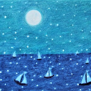 Stampa di barche a vela, cartolina di mare, arte invernale, immagine di luna con paesaggio marino, piccolo regalo, dipinto di nave turchese, costiero, piccola stampa, biglietti di Natale