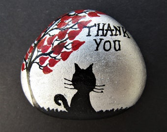 Thank You Gift, Cat Painted Rock, Unique Teacher Gift, Hand Painted Stone, Thank You Magnet, Pebble Art, Black Cat Tree Painting, Small Gift