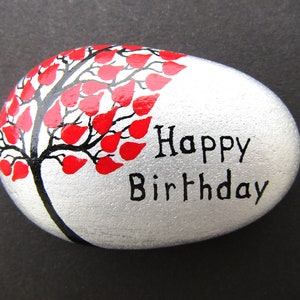 Birthday Gift, Painted Rock, Tree Stone, Personalised Art, Happy Birthday Pebble, Small Gift, Hand Painted Hearts,For Him, For Her, Unique