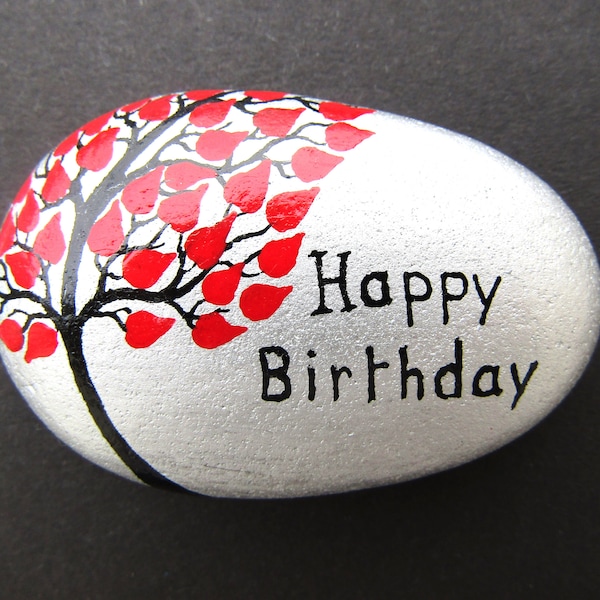 Happy Birthday, Painted Stone, Unique Personalised Gift, Hand Painted Rock, Rainbow Tree Painting, LGBTQ Art, Small Birthday Gift, Keepsake