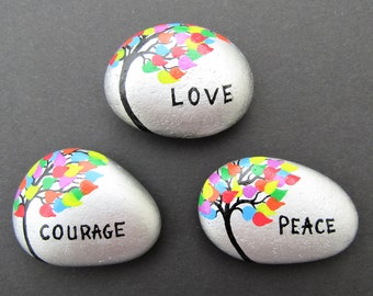 Painted Stones, Personalised Gift, Pebble Art, Memorial, Tree Word Rock Painting, Name Hearts Gift, Bereavement, Sympathy, Peace Pebble