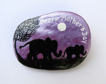 Elephant Mothers Day Gift, Hand Painted Shell, DaughterMother Day, Unique Gift, Baby Elephant Tree Moon Painting, Small Purple Seashell, Art