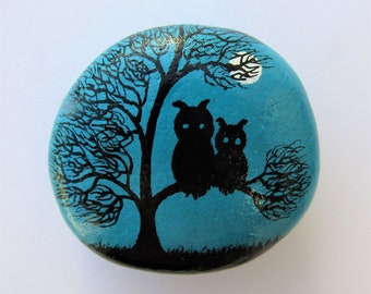 Owl Painted Rock, Valentines Gift, Mother Daughter, Tree Two Owls Moon Stone Art Magnet, Hand Painted Pebble, Baby Owl, Son Gift, Mother Day