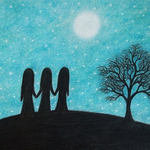 Cadeau soeur, impression lune trois amis, carte d'art spirituel, image âme soeur, arbre quatre filles, cinq femmes étoiles, triplé, méditation, jumeau