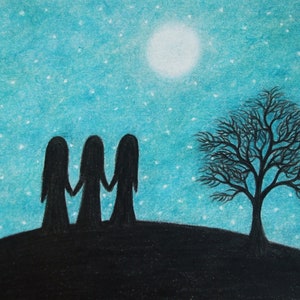 Sister Gift, Three Friends Moon Print, Spiritual Art Card, Soul Sister Picture, Four Girls Tree, Five Women Stars, Triplet, Meditation, Twin