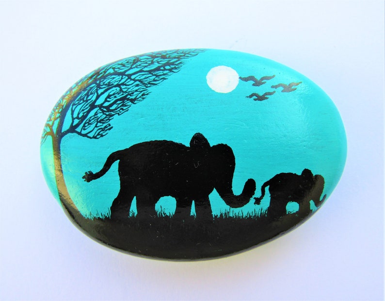 Elephant Painted Rock, Mothers Day Daughter Gift, Stone Art, New Mum, Animal Pebble Painting, Baby Elephant Tree Moon, Unique Personalised image 1
