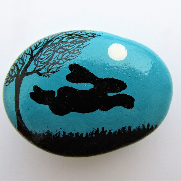 Painted Rock, Hare Moon, Easter Gift, Stone Art Magnet, Bunny Rabbit Tree, Hand Painted Pebble, Animal Silhouette Painting, Small Rock, Kids