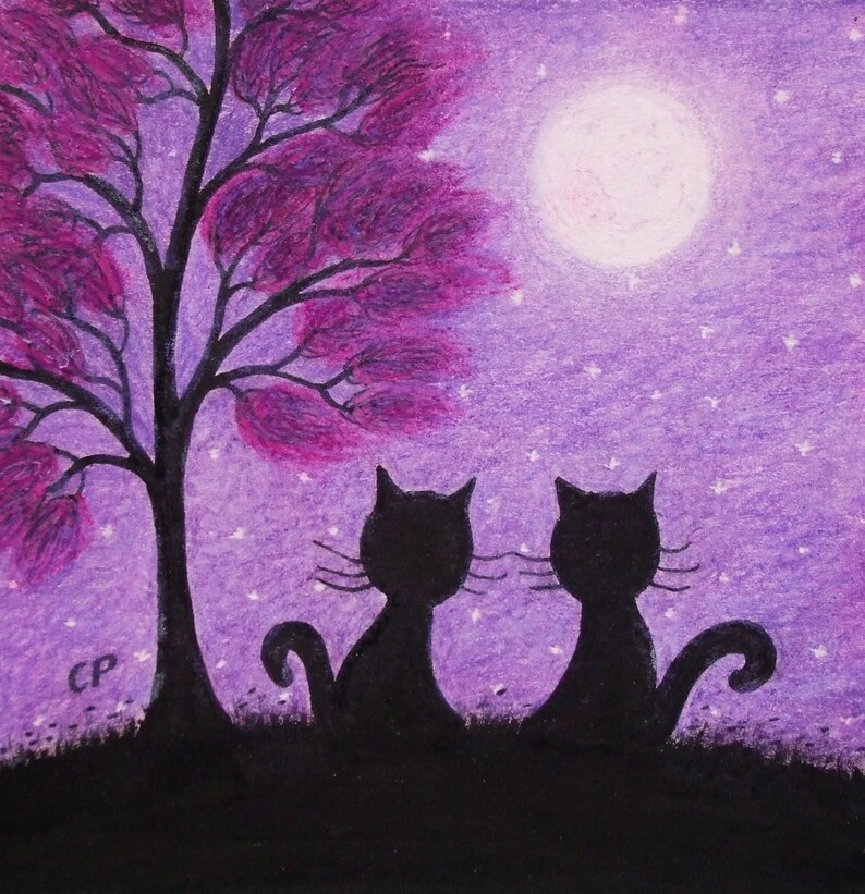 Cat Tree Picture Framed Cats Moon Stars Purple Drawing Image 0