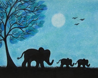 Elephants Gift, Mothers Day Daughter Card, Art Print, Two Babies Elephant Picture, Twin, Blue Tree Moon Animal Silhouette, Fathers Day Gift
