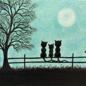 Three Cats Print, Black Kitten Card, Tree Moon, Purple Cat Picture, Daughter Gift, Animal Family Art, Kids Gift, Silhouettes, Fathers Day