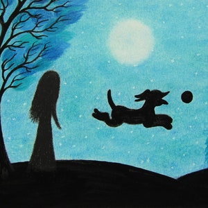 Regalo per figlia cane, stampa artistica, immagine palla cane nero luna, silhouette ragazza albero, regalo di compleanno mamma, cucciolo, caratteri piccoli, illustrazione, animale domestico
