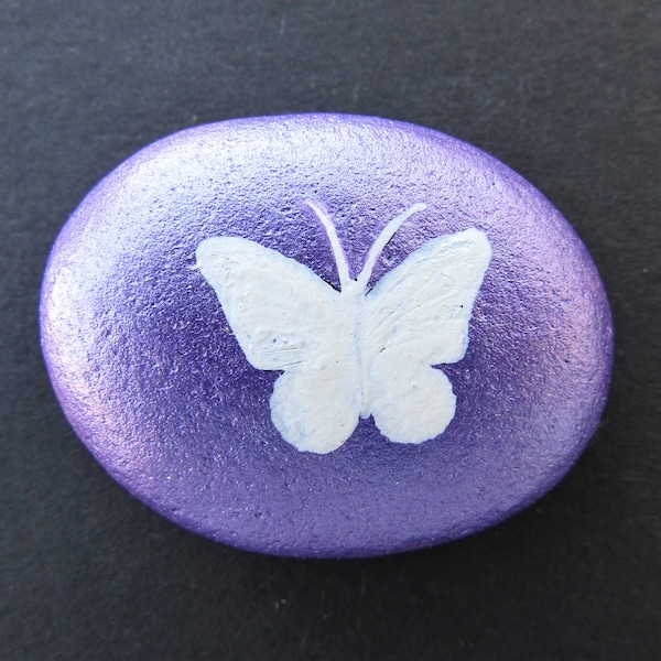 Painted Pebble, Butterfly Stone Art Gift, Hand Painted Rock Magnet, Daughter Gift, White Butterfly Personalised Painting, Miniature Keepsake