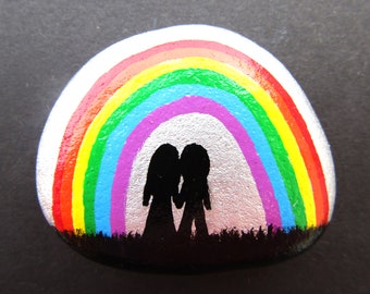 Painted Rock, Rainbow Couple Gift, Hand Painted Stone, Romantic Spiritual Art, Unique Wedding Anniversary Gift, Pebble Painting, Valentines