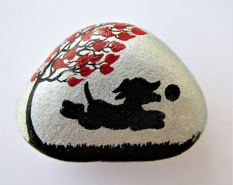 Dog Painting, Stone Art, Valentines Black Dog Gift, Hand Painted Rock Magnet, Pebble, Pet Grave Marker, Puppy Ball Silhouette, Dog Memorial